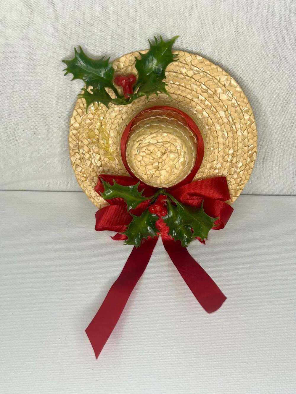 Vintage Christmas Straw Hat Magnet with Red Ribbon and Holly Berries